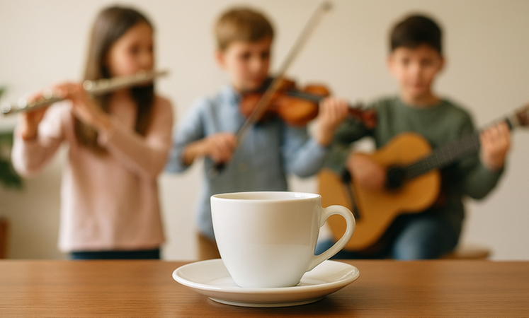 AI-genererad bild, Kaffekopp med elever som spelar i bakgrunden.